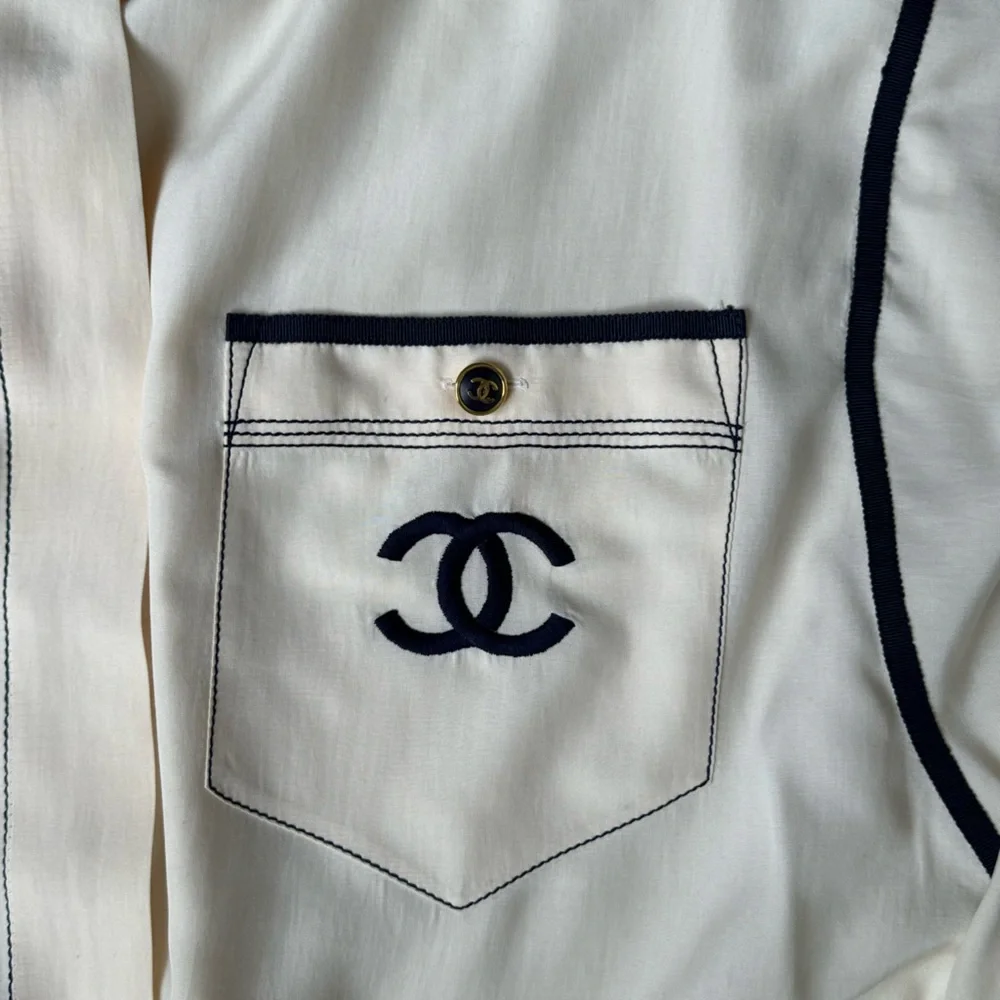 Chanel Vintage Embroidered Logo Button Down in Cream and Navy - Picture 4 of 7